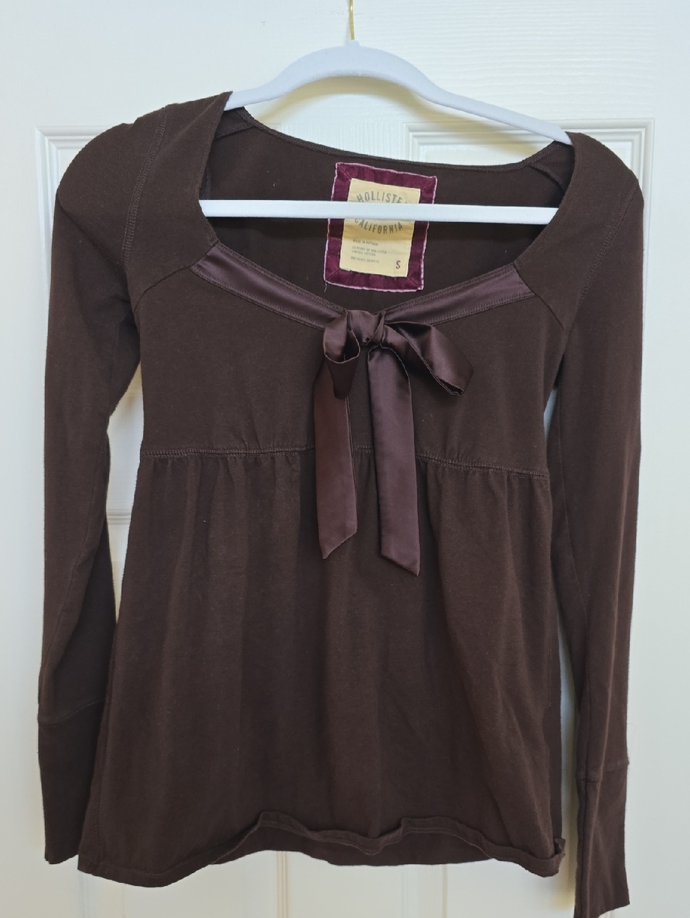 Hollister Chocolate Brown Long Sleeve Top with Satin Bow